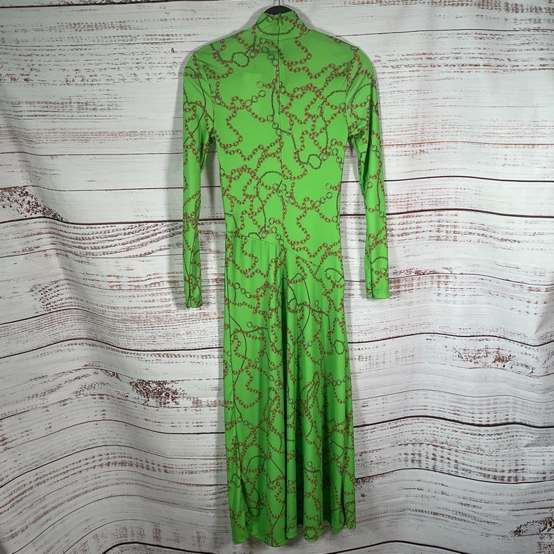NWT Mango Green Chain Print High Neck Long Sleeve Midi Dress - Size 4