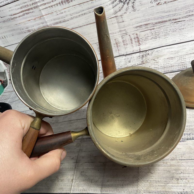 Tagus Set Of 2 Vintage Copper Wood Handle Turkish Coffee Pots