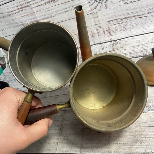 Tagus Set Of 2 Vintage Copper Wood Handle Turkish Coffee Pots