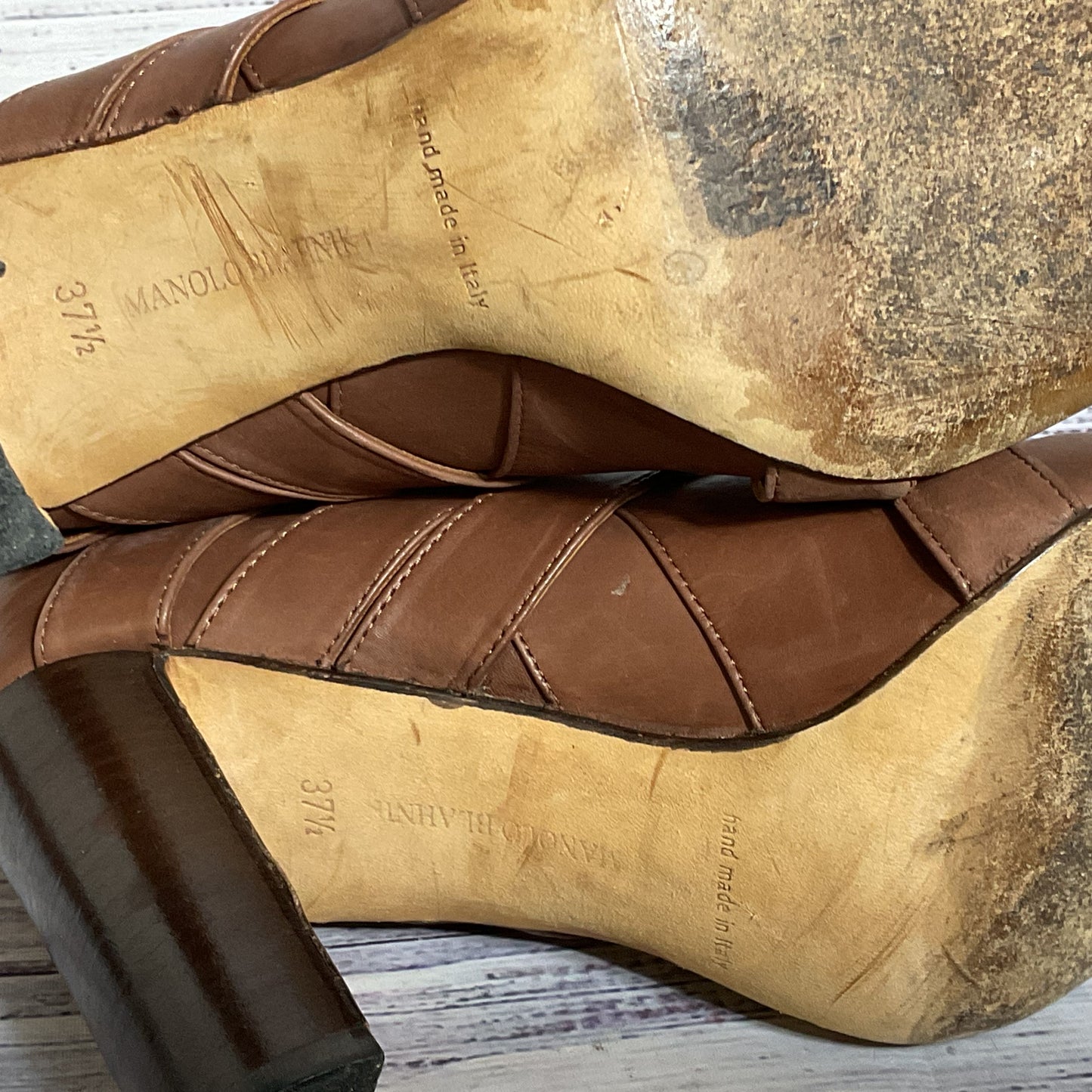 MANOLO BLAHNIK Women's Brown Leather Strap Mid Calf Boots- SZ 37.5