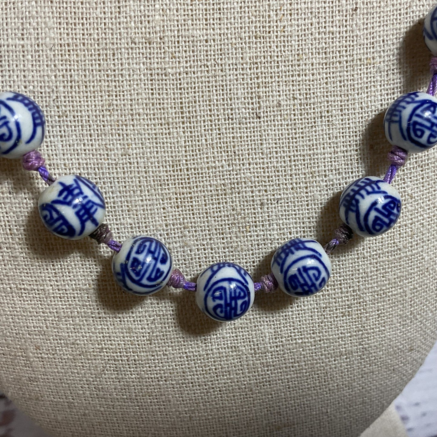 VTG./ANTIQUE Chinese Hand Knotted Blue White Painted Porcelain Beads- 31"