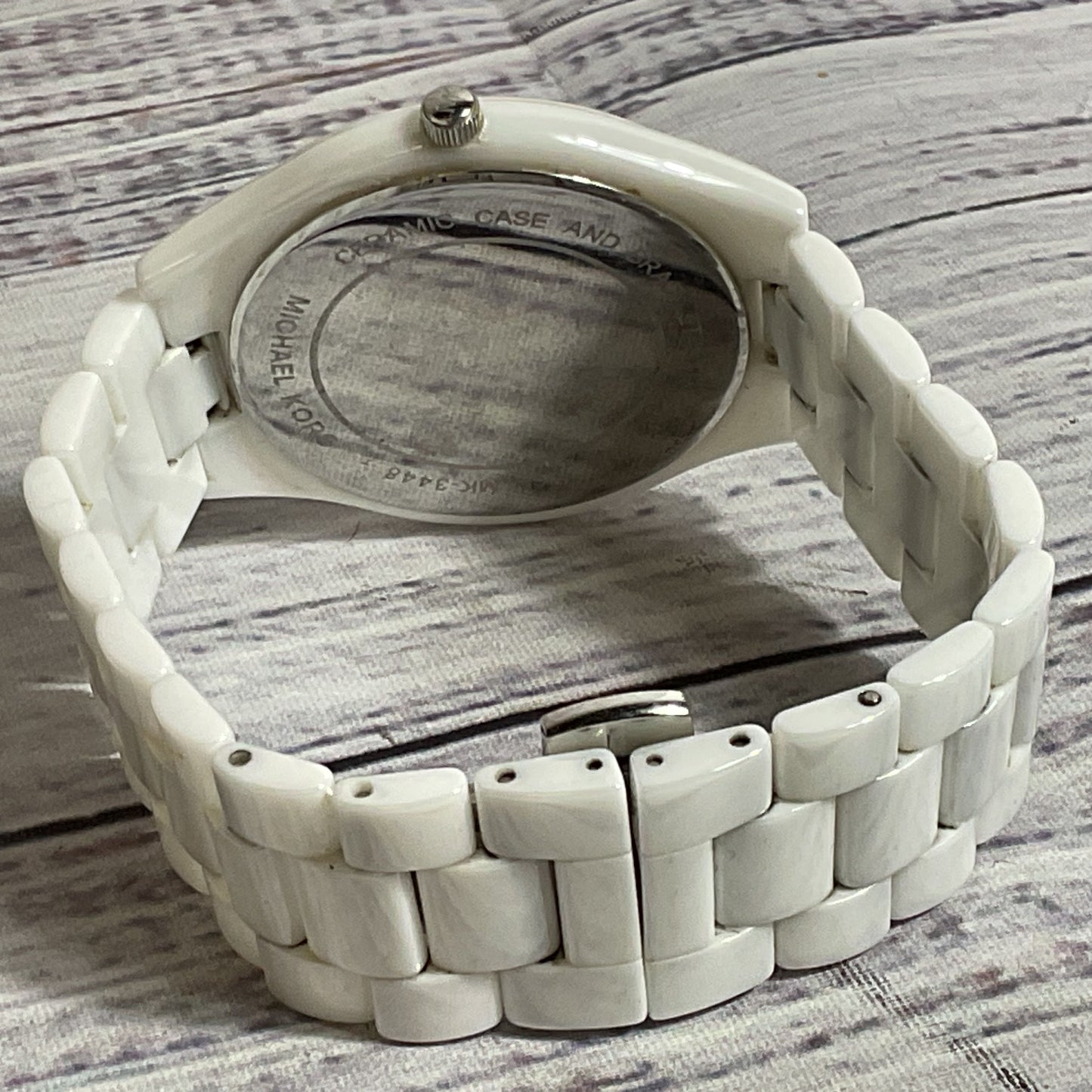 MICHAEL KORS MK-3448 Slim Runway Pavé Silver-Tone Ceramic Watch- 7.5"