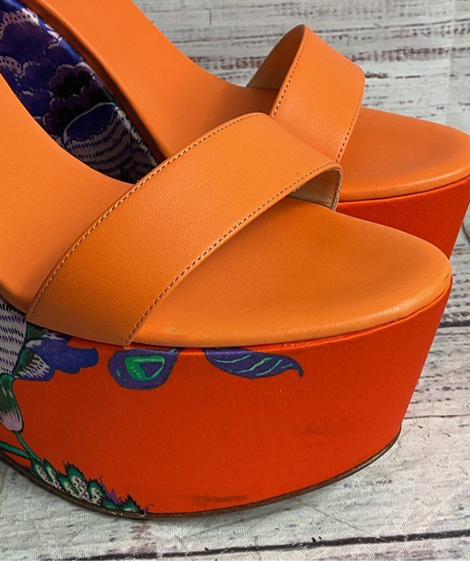 Roberto Cavalli Satin Floral Print Platform Wedge Heels 38.5