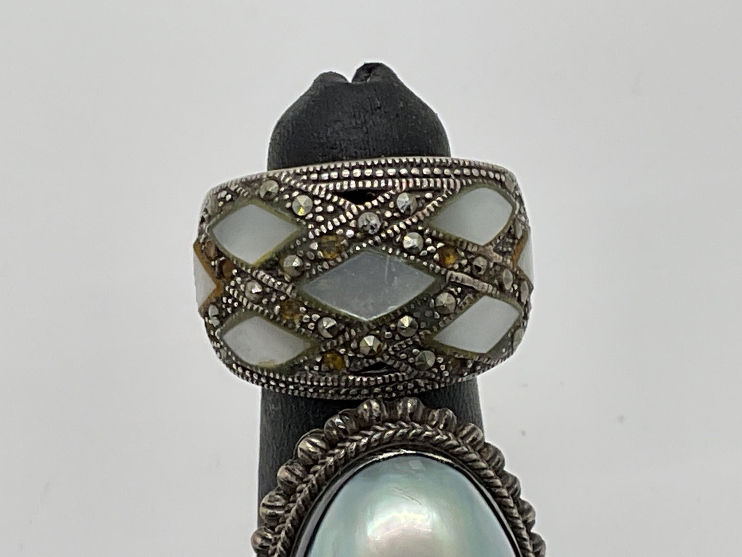 Set of 2 Sterling Silver Faux Pearl Abalone Marcasite SZ 8 Rings- 21.64g