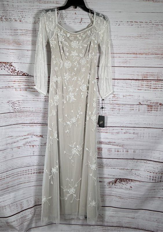 NWT Adrianna Papell Beaded Off Shoulder Gown in Ivory Biscotti Sz 2 Retail $329