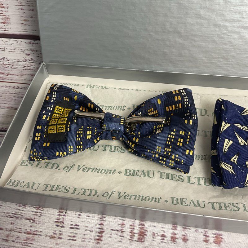Josh Bach X Beau Ties of Vermont Blue Paper Plane & Skyline Clip On Bowties Set