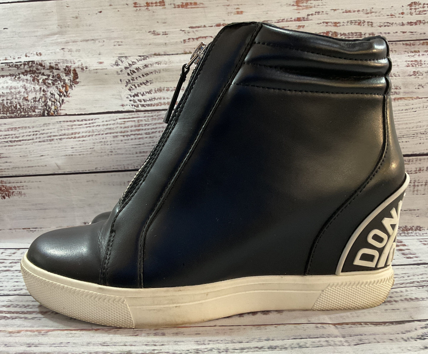 Donna Karan Women's Black Faux Leather Wedge Sneakers Size 6