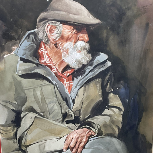 Signed VICTOR MARTINEZ (Peruvian/American, b. 1932) Pensive Old Man 37.5"X29.5"