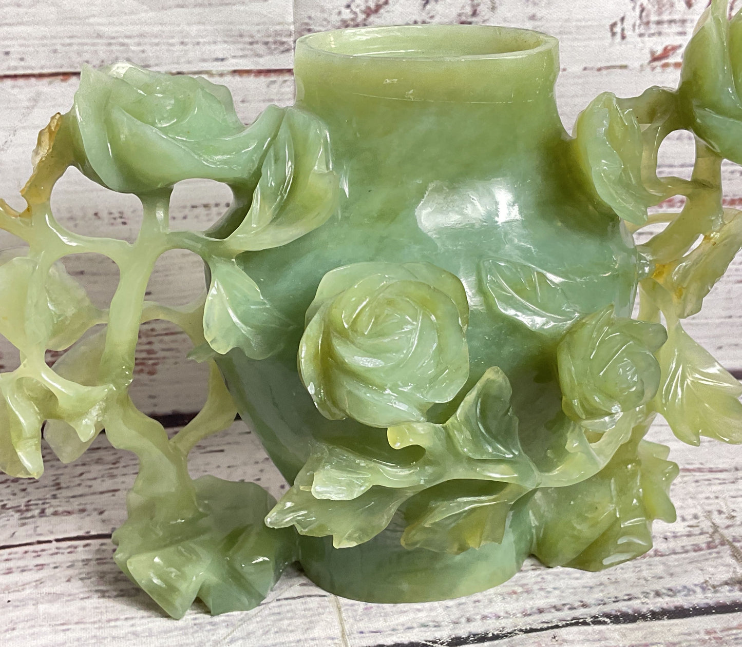 Vintage Chinese Rose Carved Natural Stone Jar Green