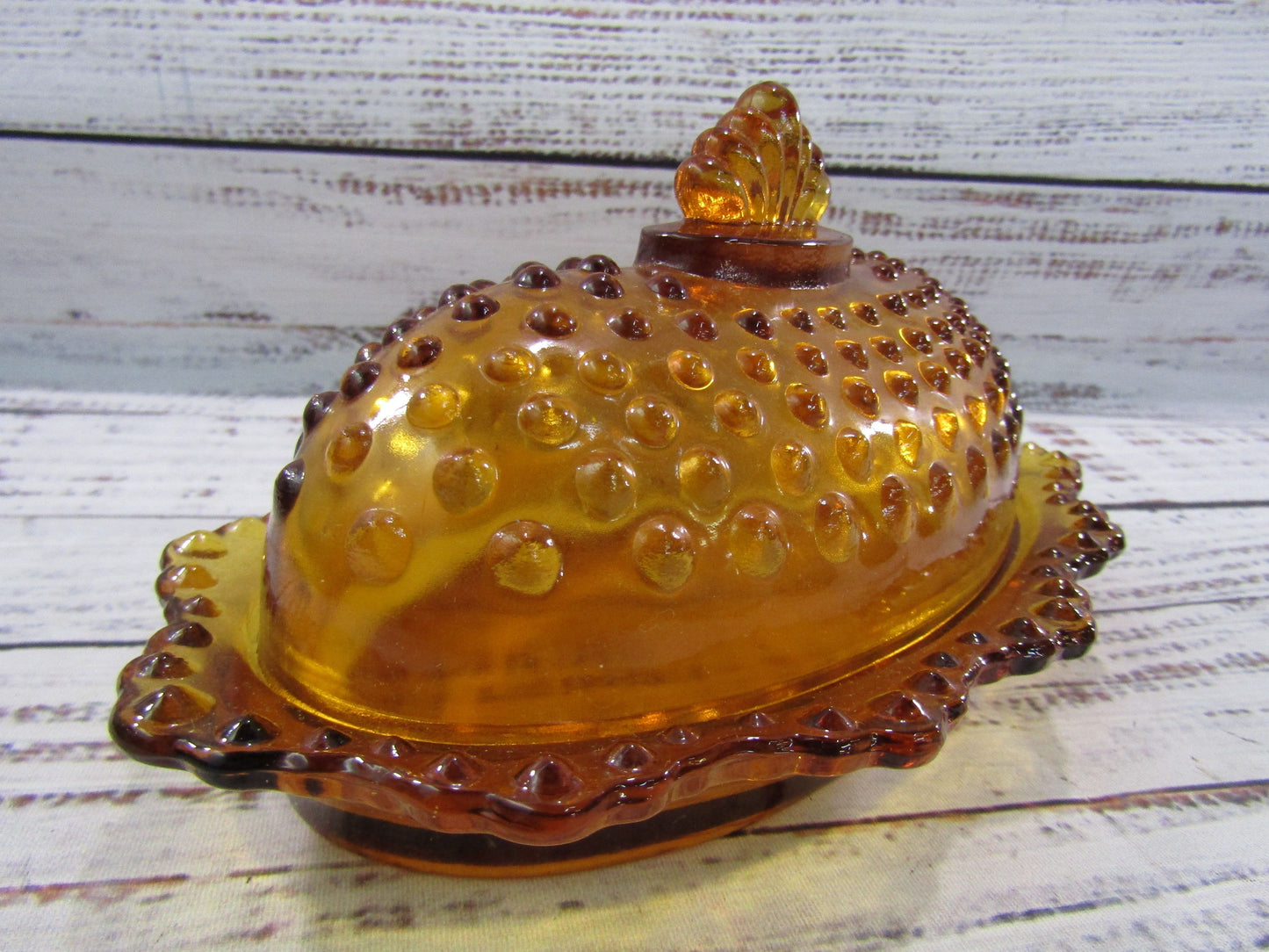 Vintage L.E. Smith Hobnail Amber Glass Covered Butter Tray Shaker