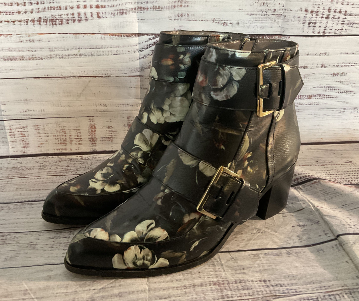 Jason Wu Floral Print Leather Buckle Ankle Booties Black 36