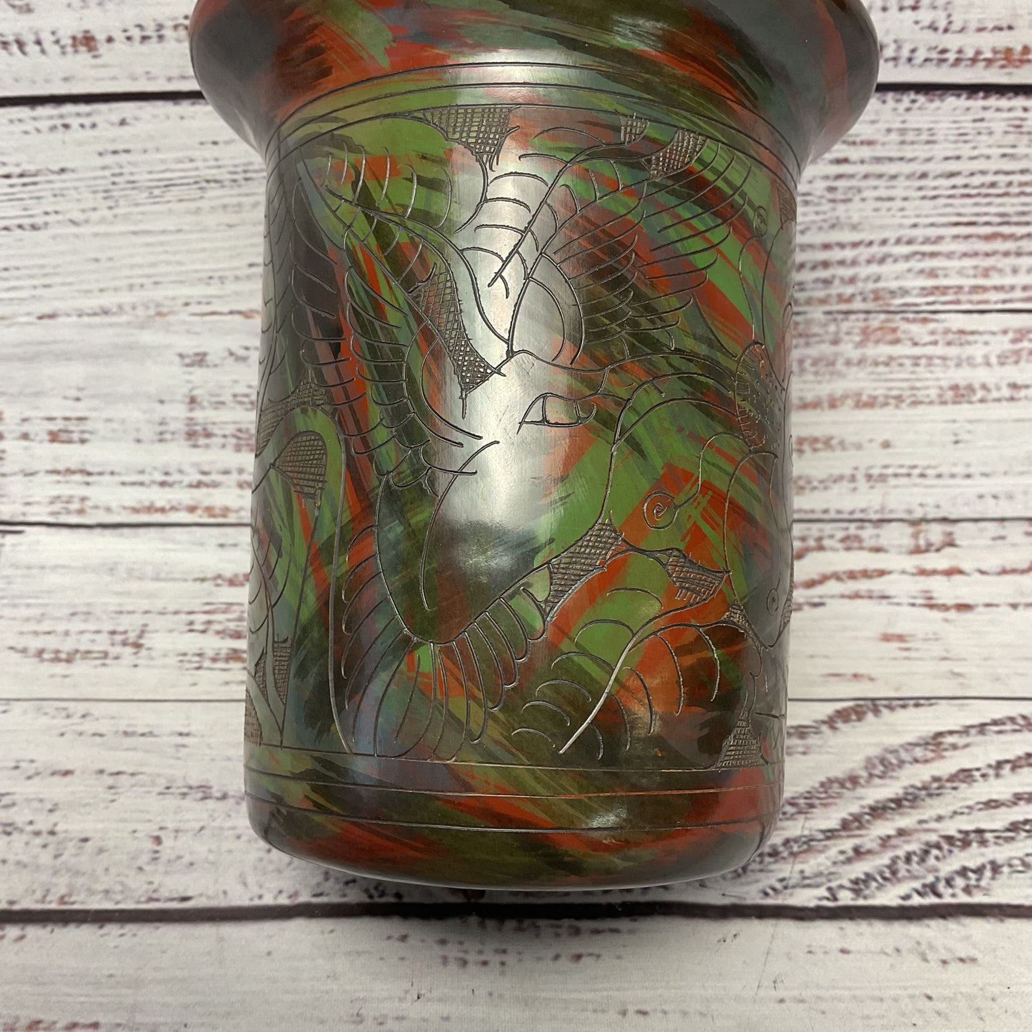 Red Green Black Hand Carved Bird Flower Clay Vase 5"x5"x6"