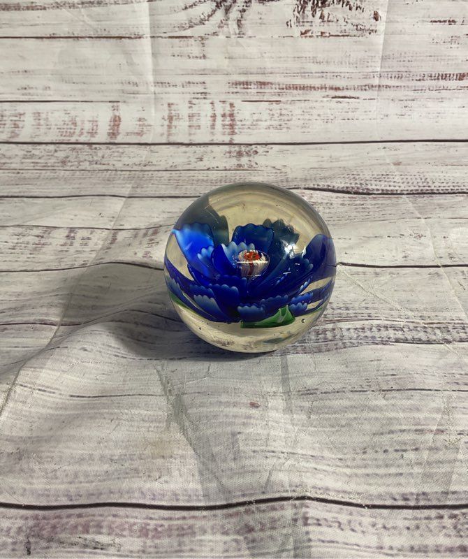 Vintage Blue Blossom Flower Paperweight Green Bottom Floral Glass