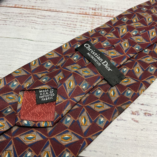 Christian Dior Maroon Red Geometric Pattern Neck Tie - Size 56"
