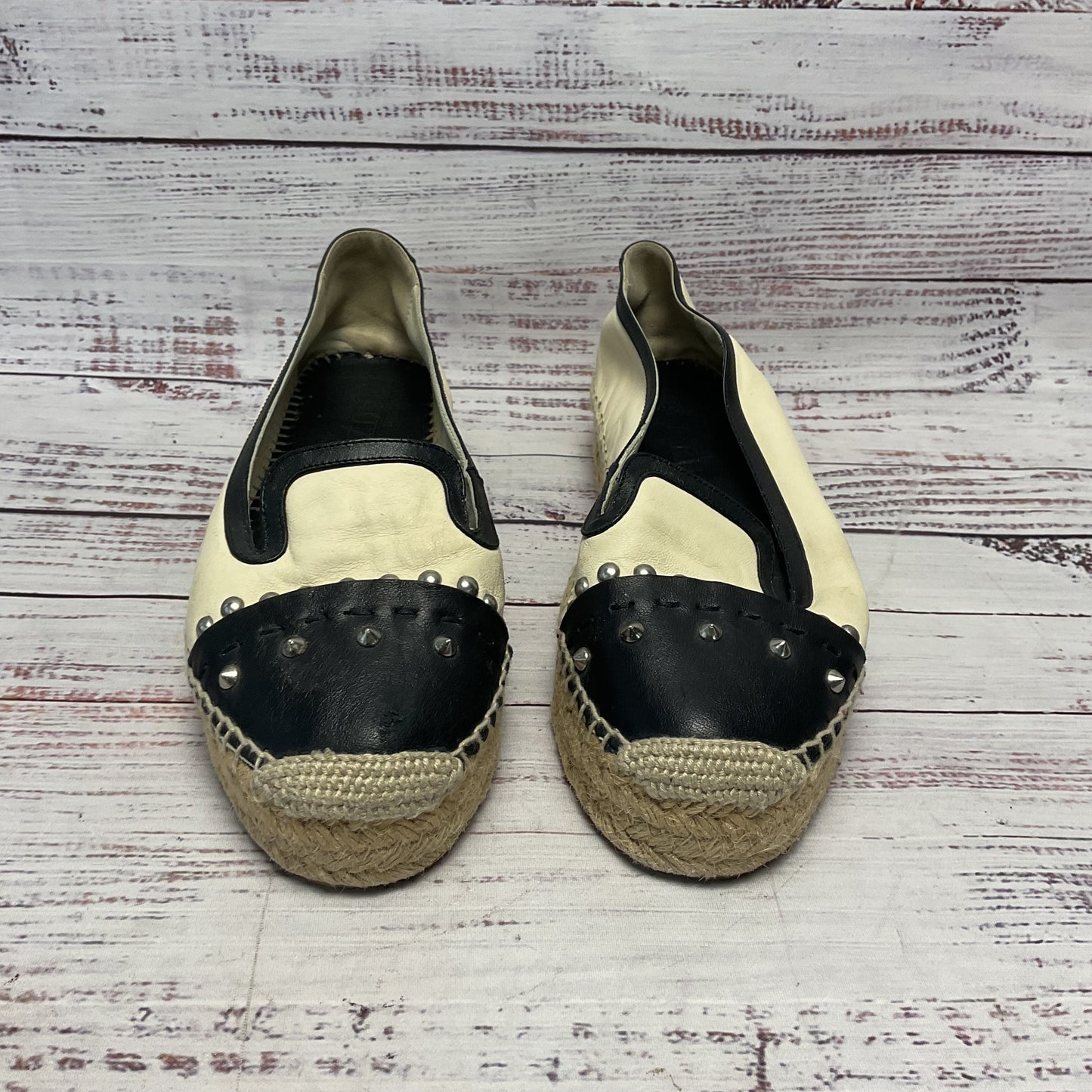 Alexander McQueen White Black Nappa Leather Studded Espadrille Flats Women Sz 8