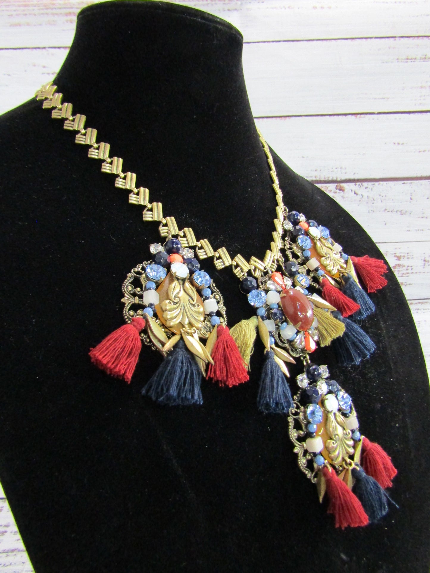 J. Crew Multi-Color Rhinestone Tassel Statement Necklace