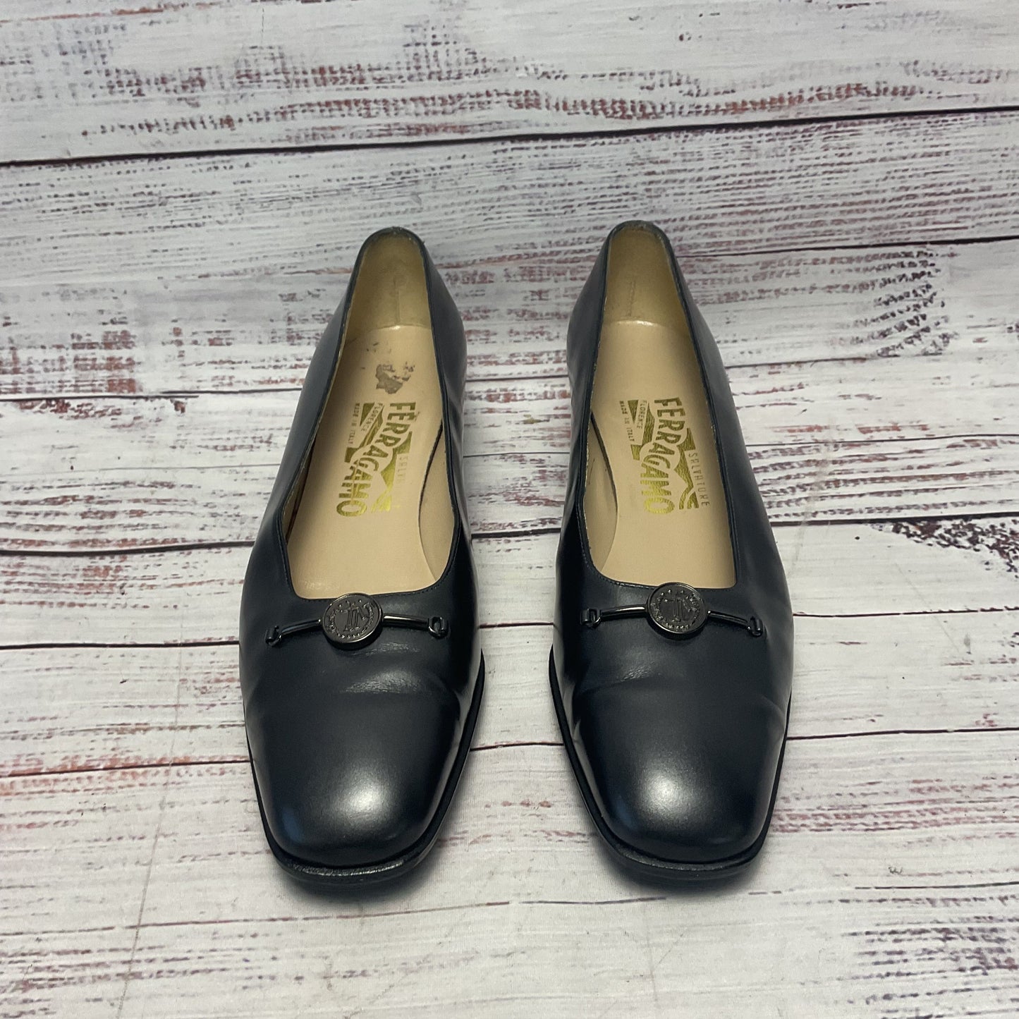 Salvatore Ferragamo Graphite Metallic Leather Block Heel Women Size 7
