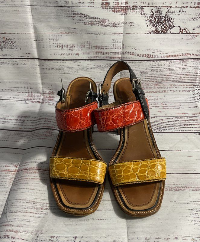Prada Women's Leather Heels Multicolored Strap Croc Embossed Size 37 EU 7 US