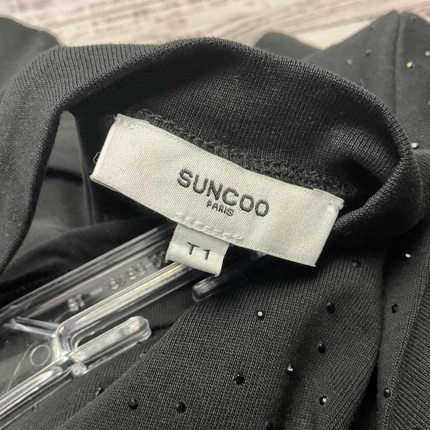 Suncoo Black Cotton Rhinestone Short Sleeve Top - Size T1 Small