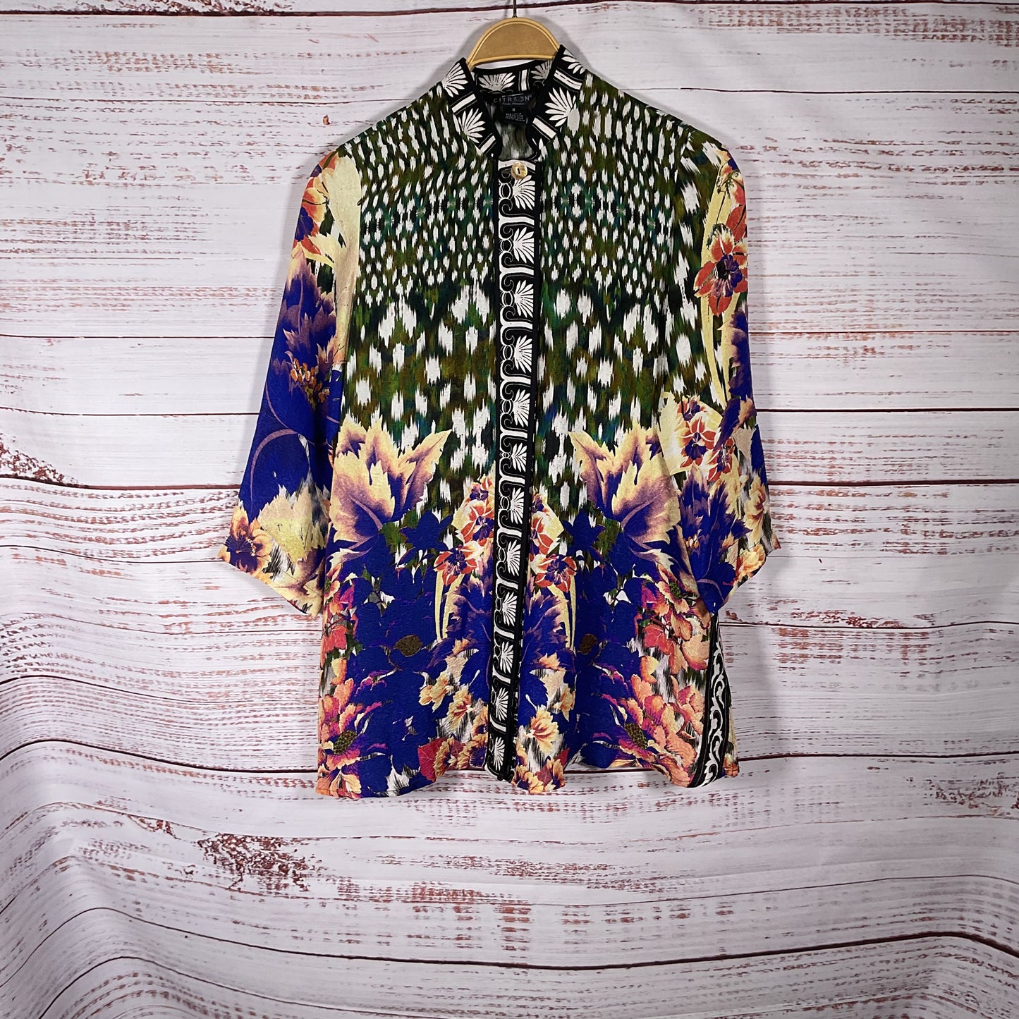 Citron Purple Green Floral Multicolor Print Silk Blend Blouse - Size S
