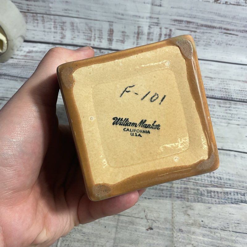 William Menker 7" Green/Brown Ombre Square Ceramic MCM Vase F-101