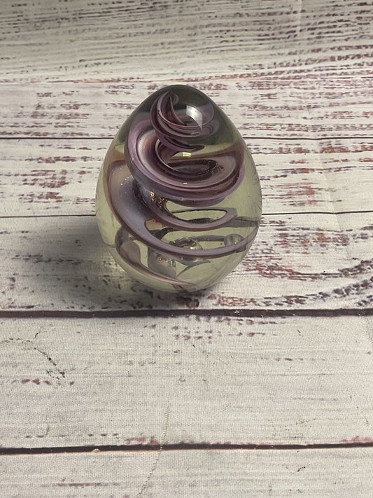 OBG 1990 Signed Glass Egg Purple Spiral Paperweight