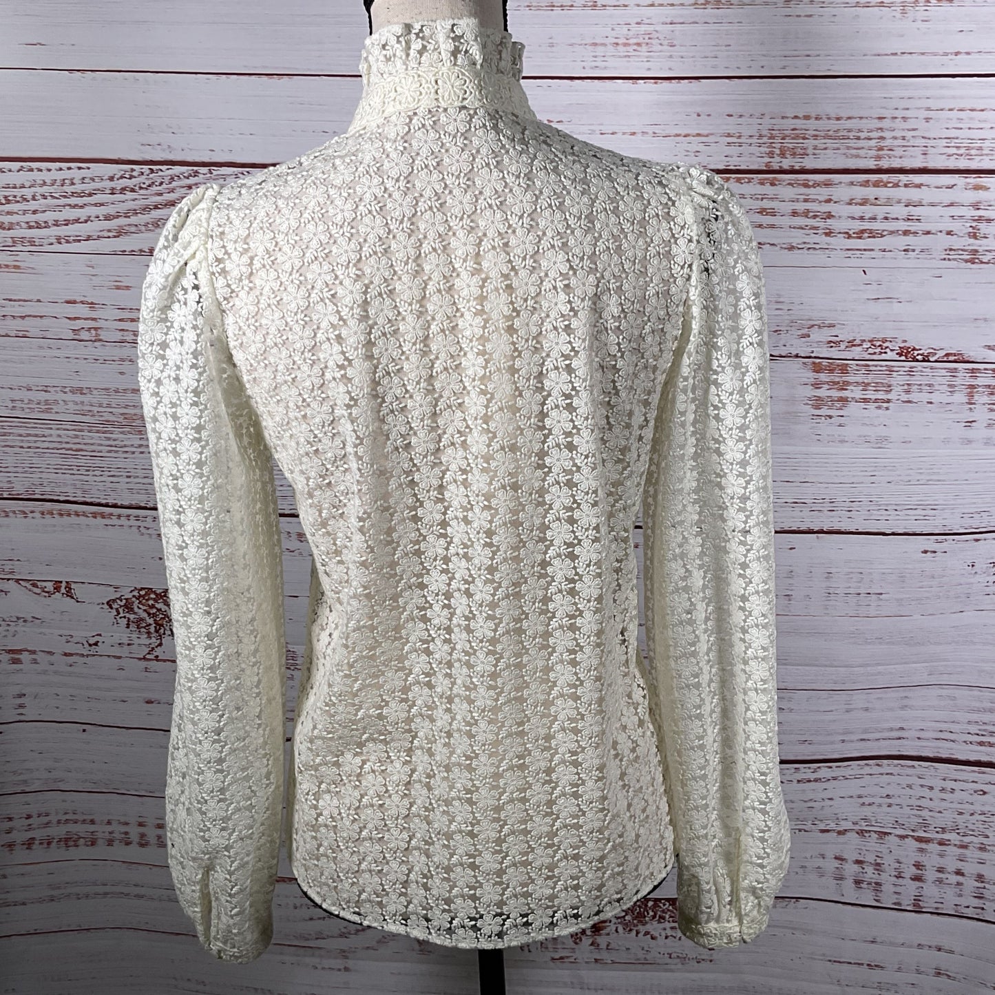 SEZANE Women's White Floral Lace Funnel Neck Long Sleeve Button-Up Blouse- SZ 34