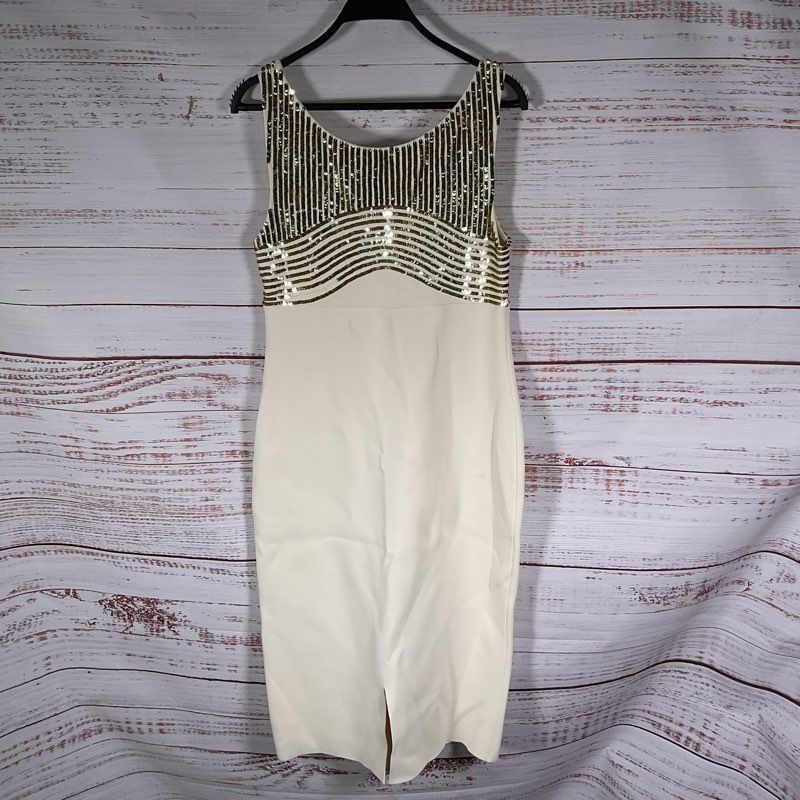St. John Ivory Rayon & Gold Sequin Sleeveless Mini Dress - Size 10