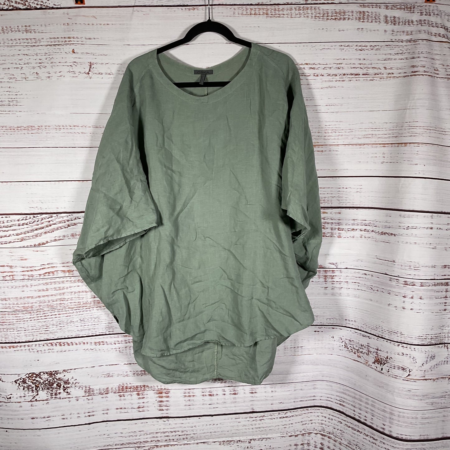 Oska Green Linen Long Sleeve Poncho Style Blouse Top Shirt - Size 2