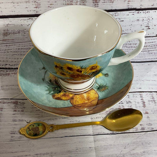 VAN GOGH Sunflowers Motif Cup, Saucer & Teaspoon Set- China