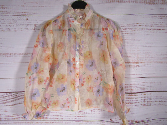 Petite Amalie Girl's Floral Watercolor Print Silk Linen Blouse Size 12