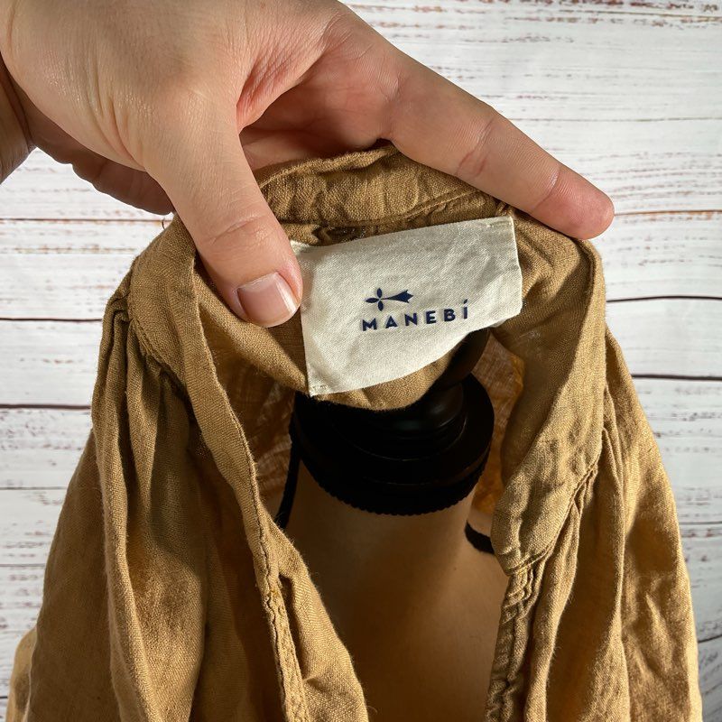 Manebi Brown Linen Fortaleza Mini Wrap Skirt Flowy Blouse Top Set sz 8 US/38 EU