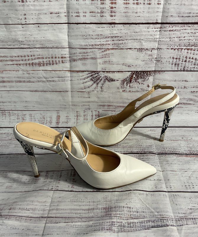 Beautiisoles Women's Slingback White Leather Pumps Size 10 Made in Italy