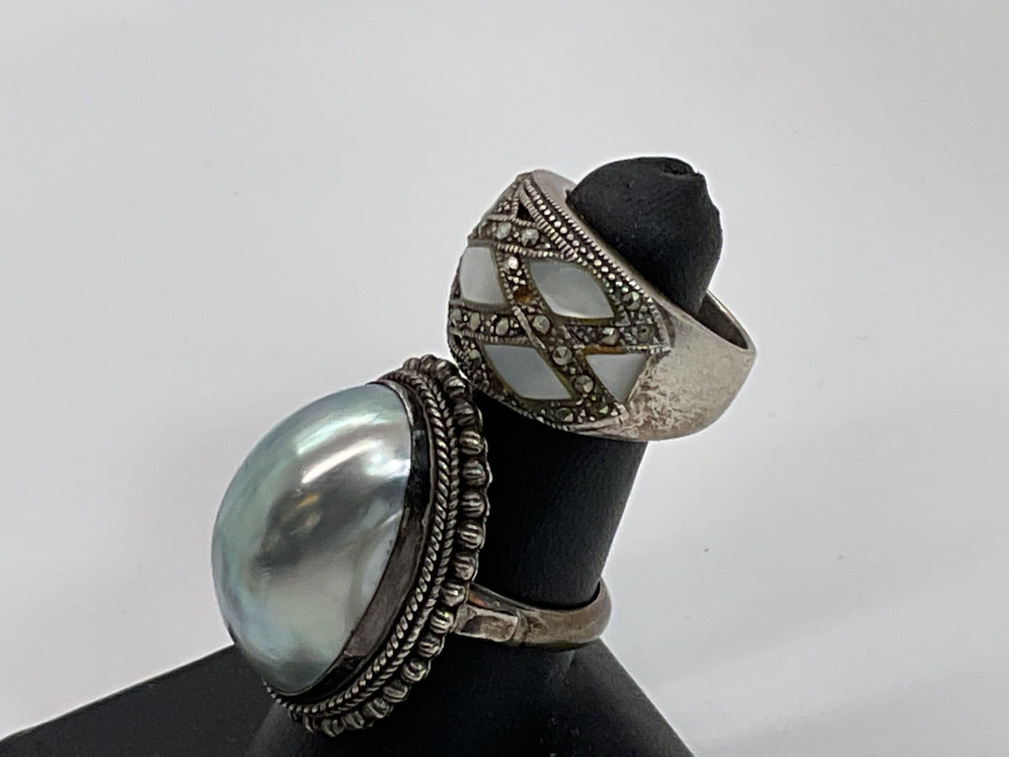 Set of 2 Sterling Silver Faux Pearl Abalone Marcasite SZ 8 Rings- 21.64g