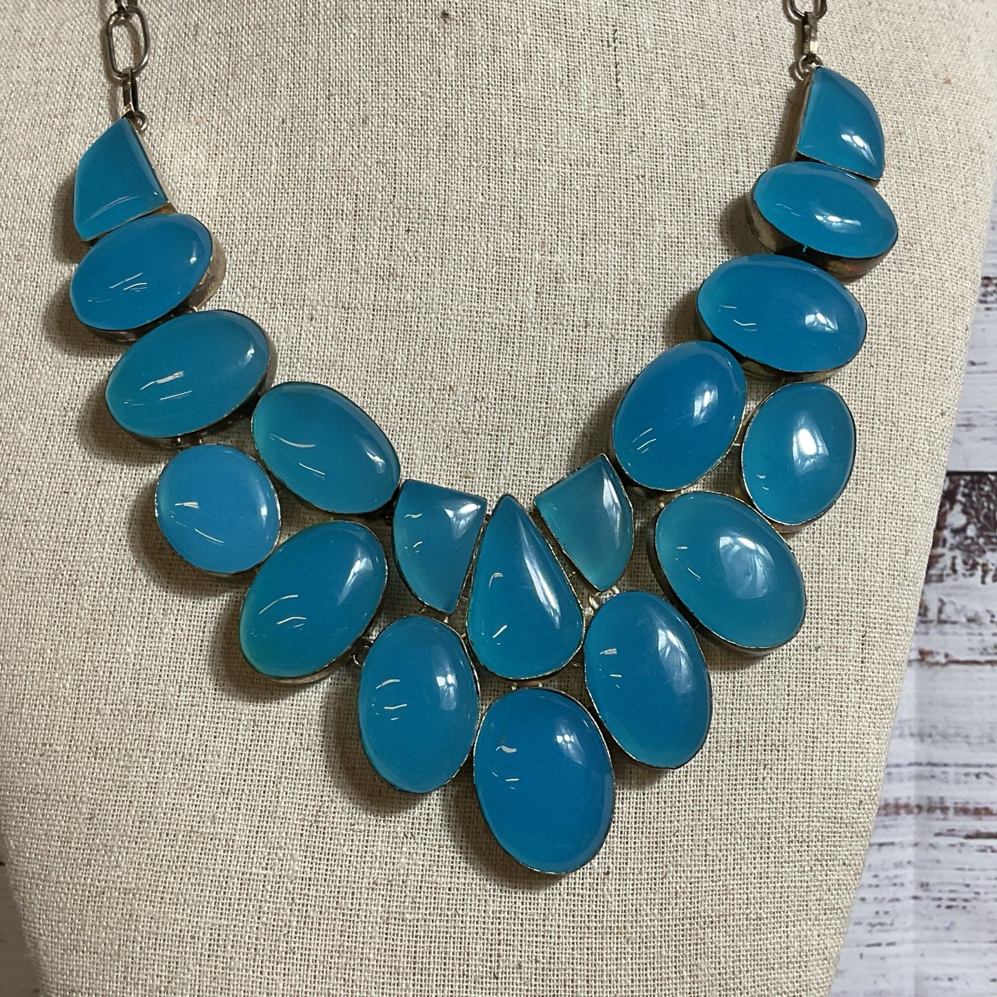 Silver Tone & Blue Stone Bib Statement Necklace