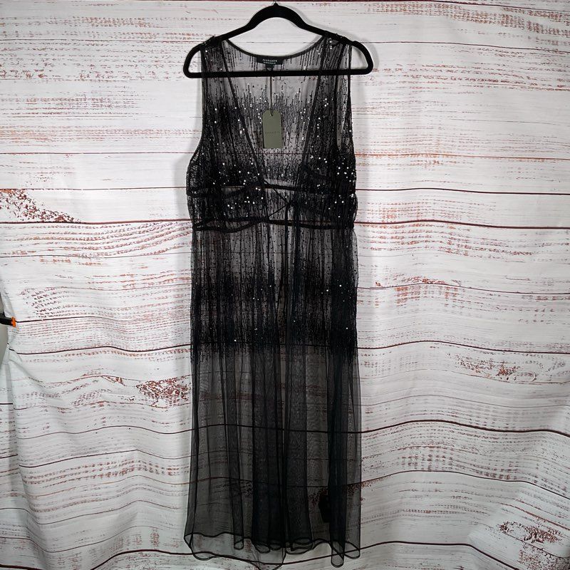 NWT AllSaints Robyn Black Shear Sequin Embellished Wrap Dress - Size 10