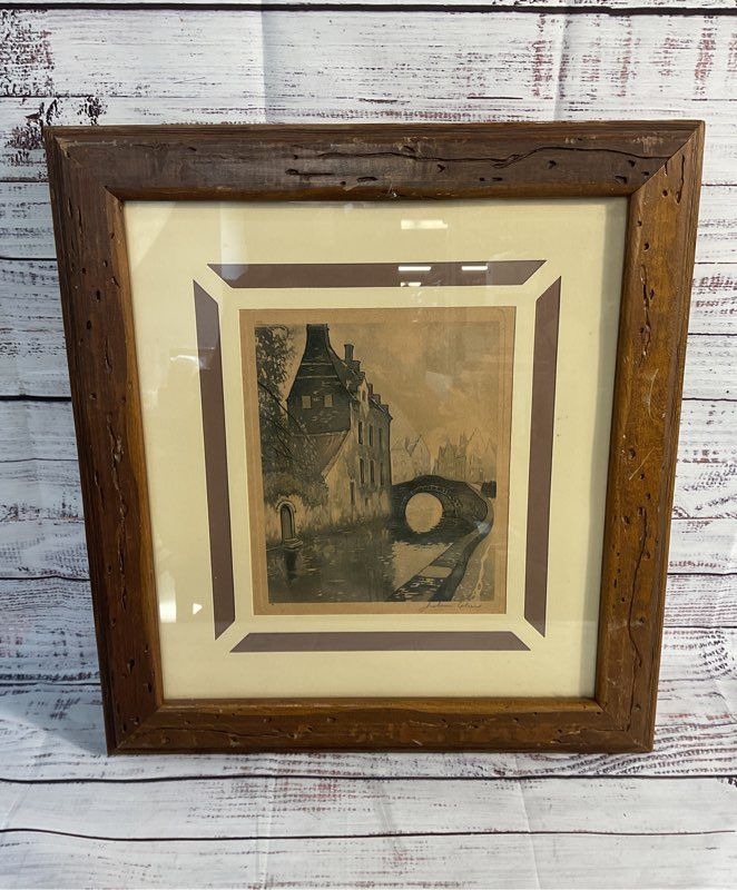 Julien Celos 1884-1953 Belgium Canal Scene Charcoal Etching Signed Print