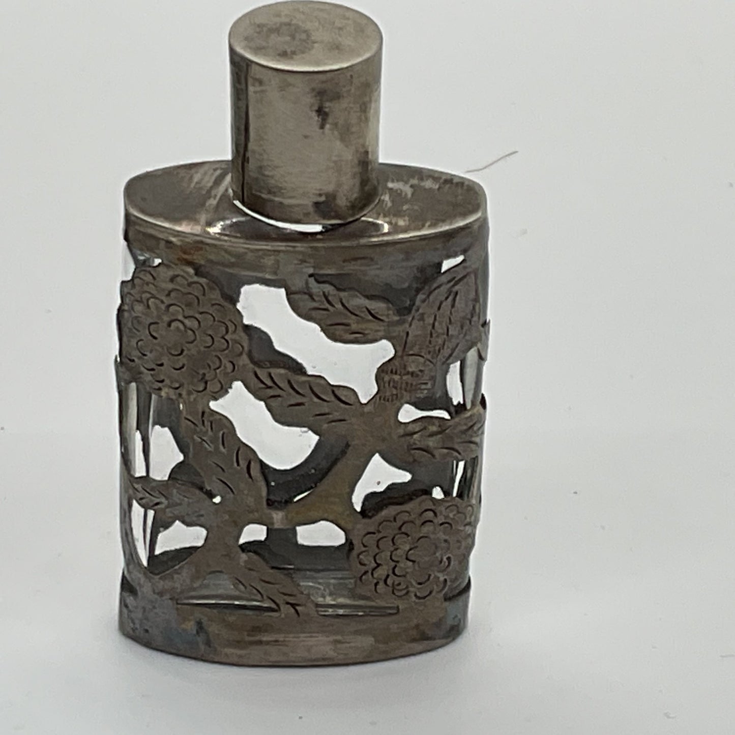 VTG./ANTIQUE Mexico Sterling Silver Overlay 2.5" Mini Perfume Bottle Flask