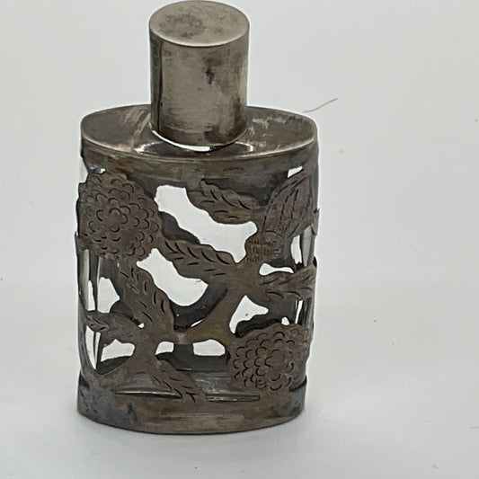 VTG./ANTIQUE Mexico Sterling Silver Overlay 2.5" Mini Perfume Bottle Flask