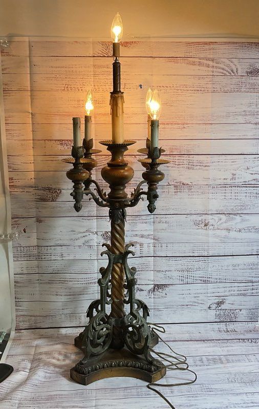 ANTIQUE French?? Brass and Wood Base 5 Arm Ornate Lamp- 42" Tall