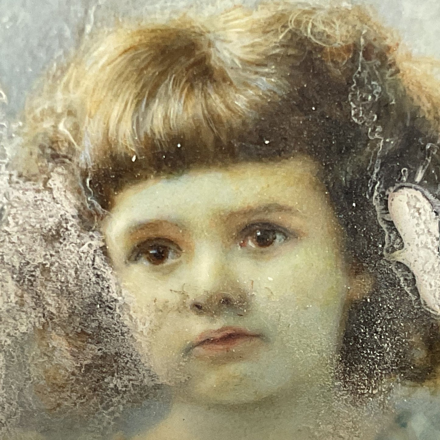 Signed ANTIQUE Miniature Portrait of Child w/ William Schaus Brass Gilded Frame