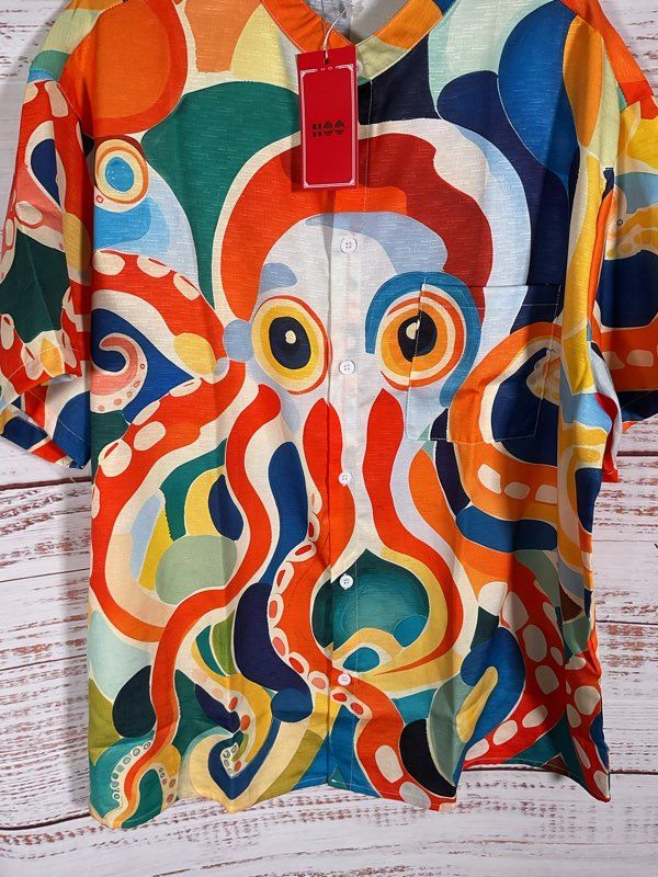 NWT HOO Men's Multicolor Octopus Graphic Button Up Shirt Size XL