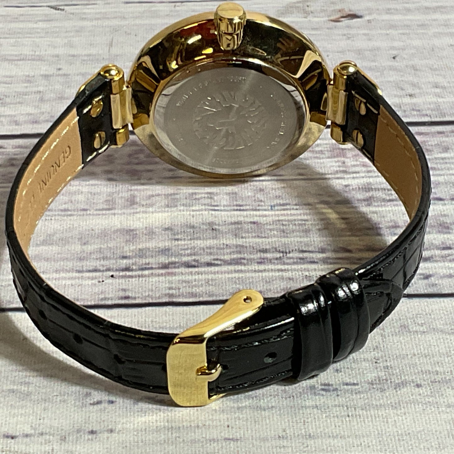 ANNE KLEIN AK3228 Women's Gold Tone Black Leather Embossed Band