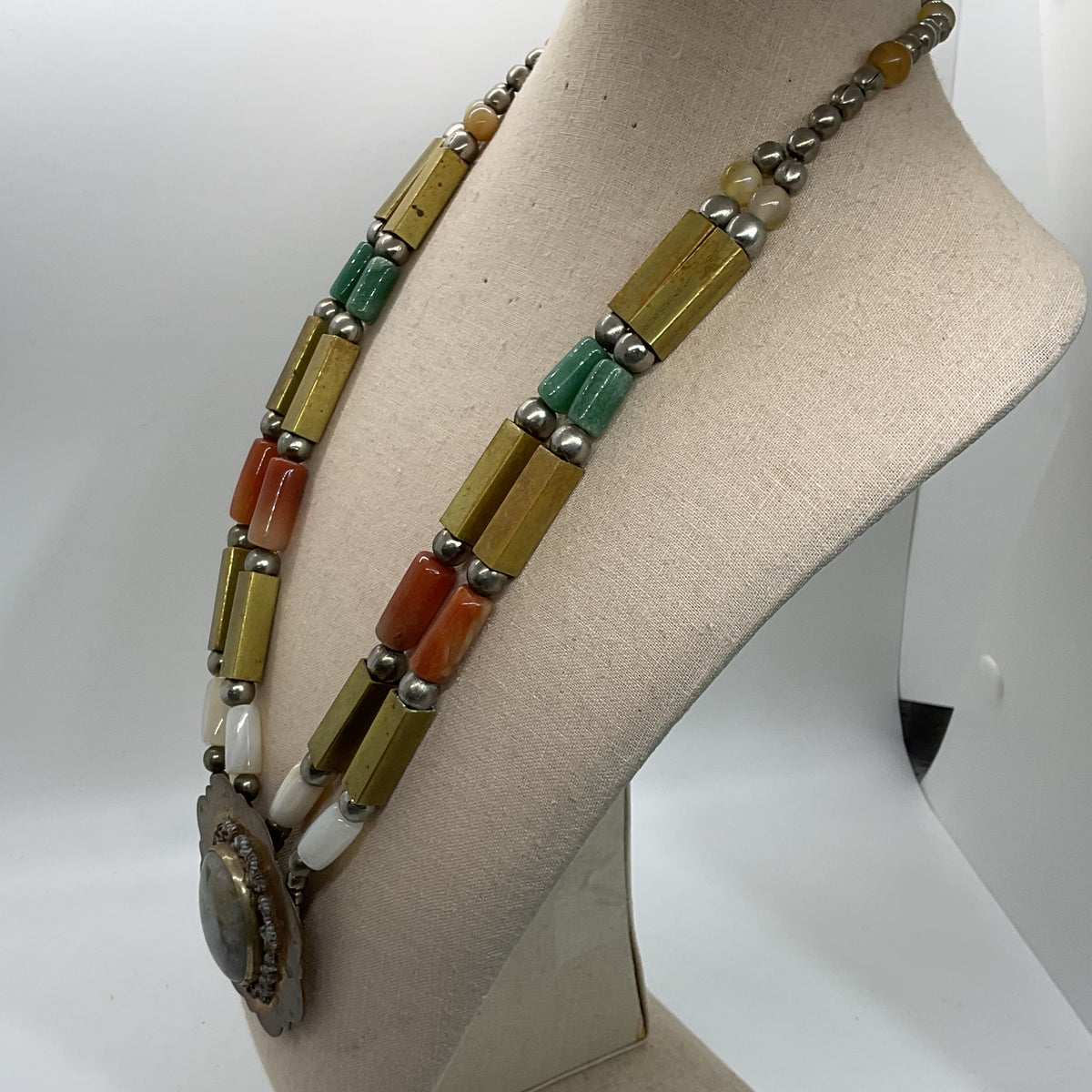 VTG. Artisan Brass and Silver Tone Multi Color Jade & Agate Beaded Necklace- 24"