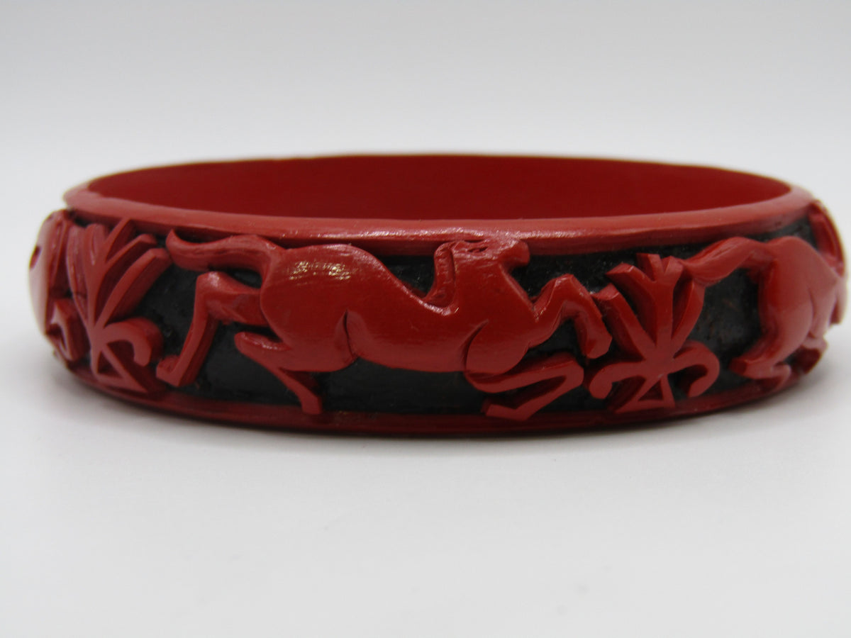 Artisan Handcrafted Carved Galloping Horses Cinnabar Lacquer Bangle Bracelet