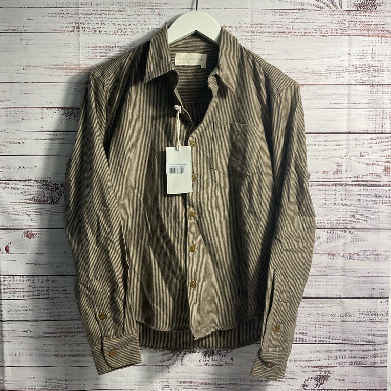 NWT Road to Nowhere Accord Taupe Striped Cotton Full Button Blouse - Size XS