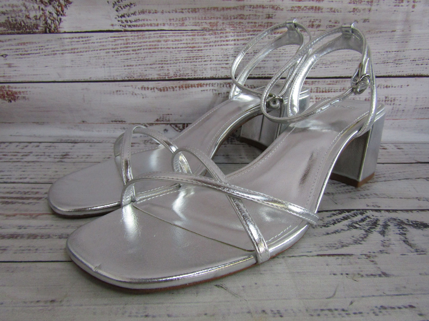 Mango Women's Silver Leather Ankle Strap Sandals Size 12