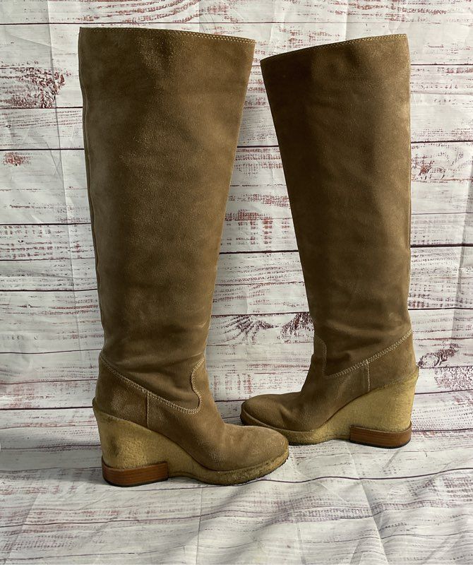 Size 8.5 US TODS Suede Leather Over Knee High Wedge Heels Tall Platform Boots