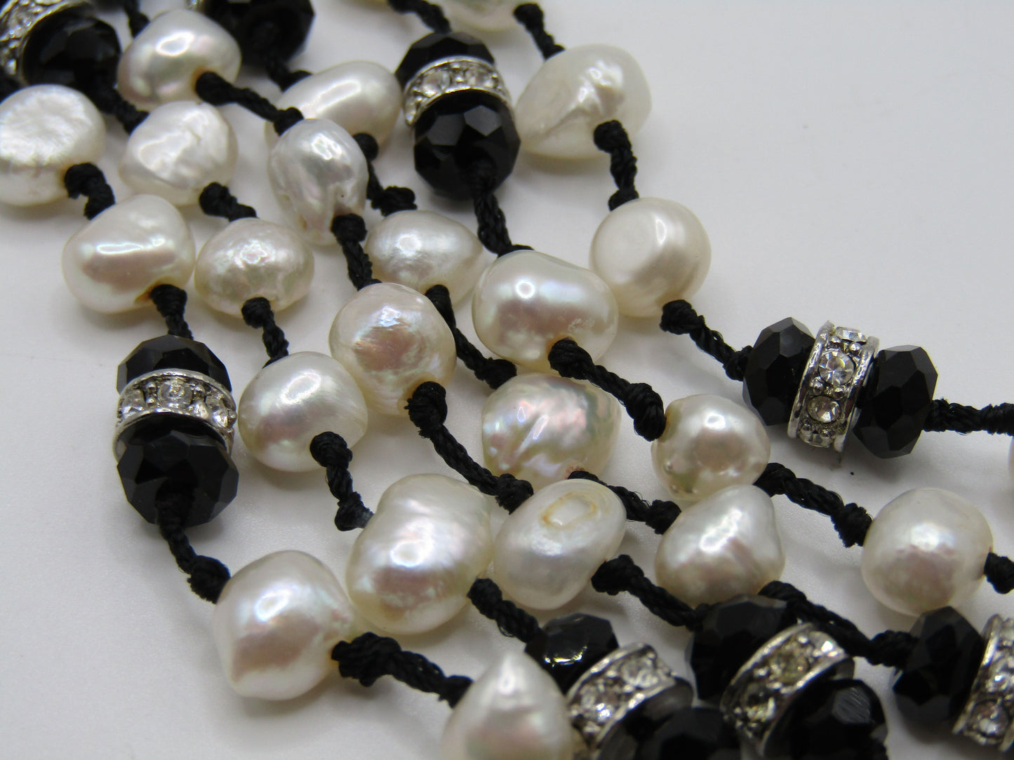 16 1/4" Multi Strand Freshwater Baroque Pearl Onyx Rhinestone Necklace