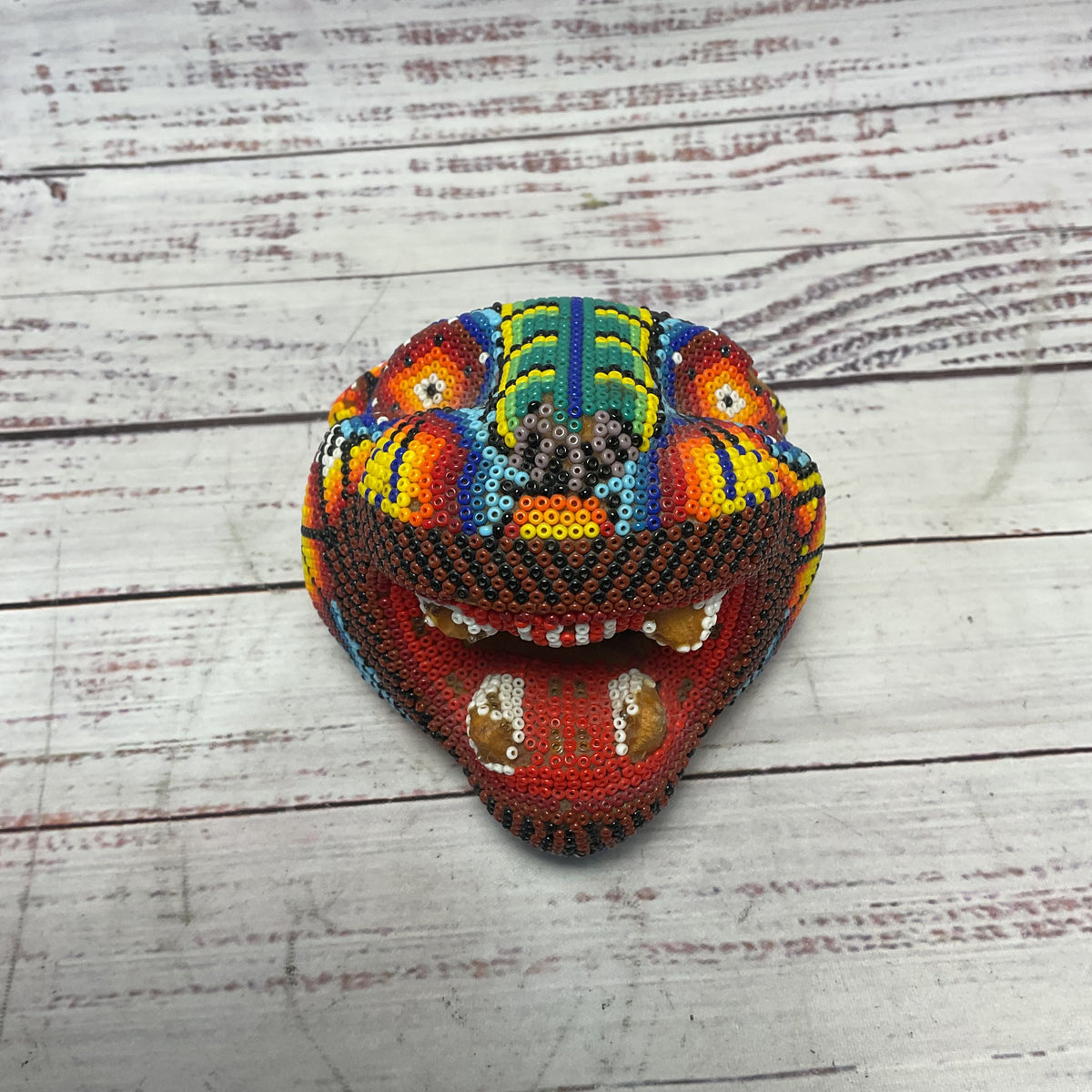 Wixárika Huichol Colorful Beaded Jaguar Head Jalisco Mexico Sculpture Obdulia